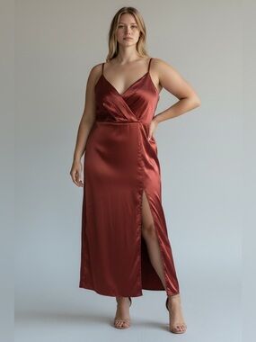 New Satin Bridesmaid Cinnamon Spaghetti Strap A-Line Dress, Celebrate by DB